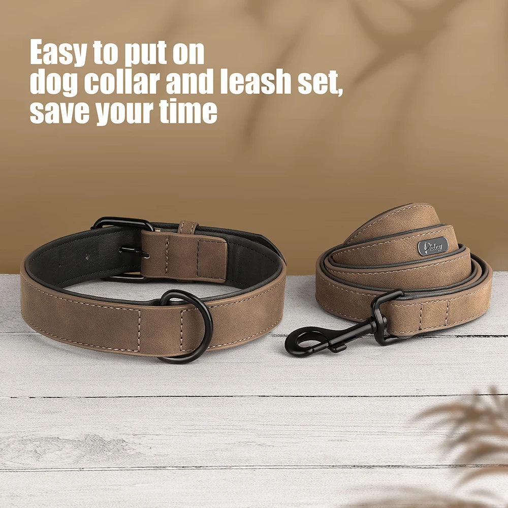 PU Leather Dog Collar and Leash Set, Adjustable Padded