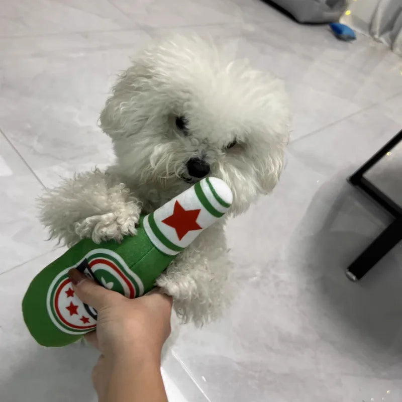 Plush Squeaky Dog Toy – Bottle-Shaped Interactive Chew Toy