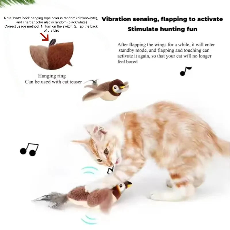 Interactive Cat Toy Flapping Bird Plush Chirping Toy Touch Activated