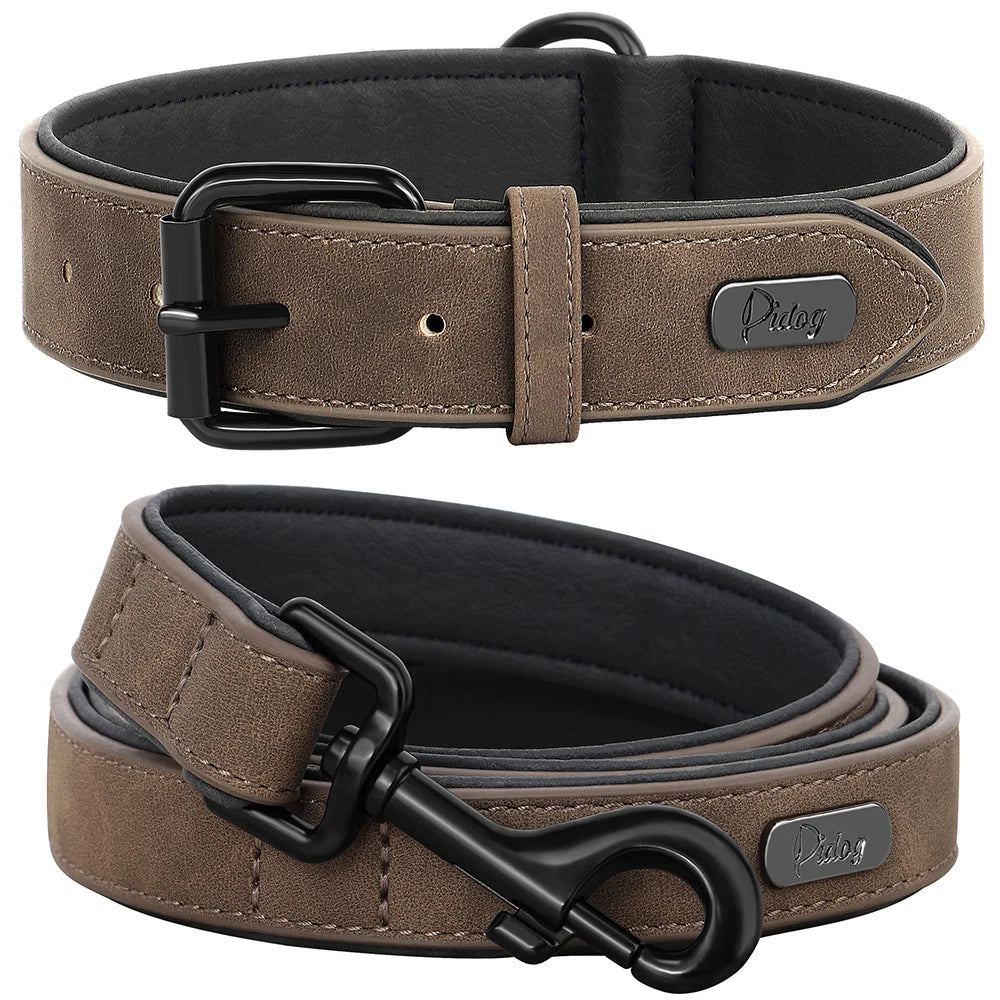 PU Leather Dog Collar and Leash Set, Adjustable Padded
