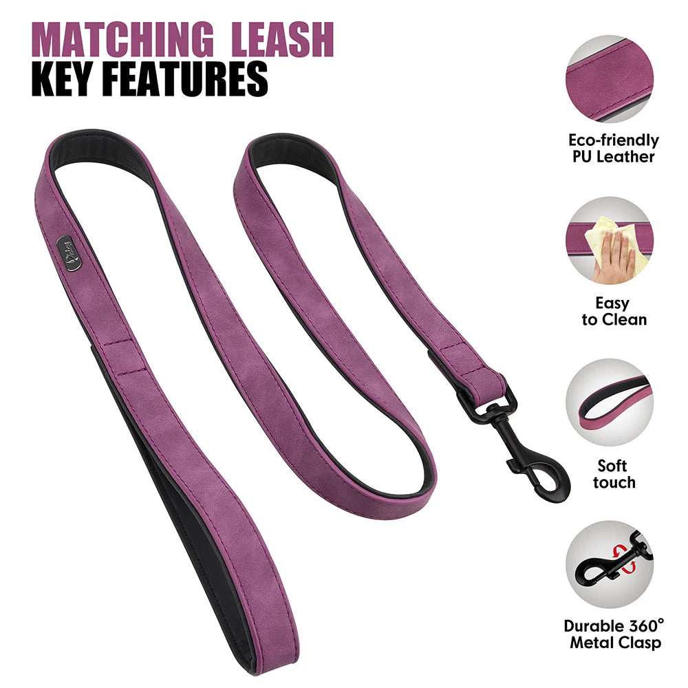 PU Leather Dog Collar and Leash Set, Adjustable Padded