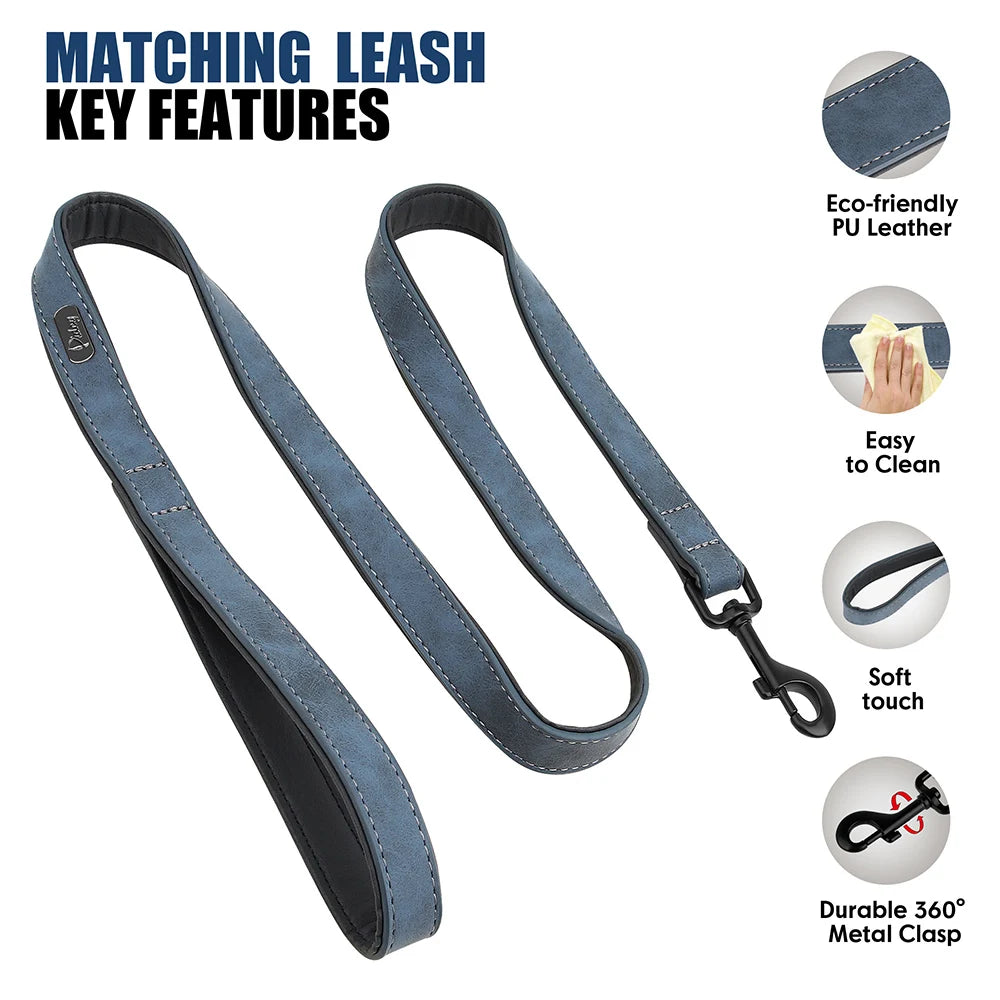 PU Leather Dog Collar and Leash Set, Adjustable Padded