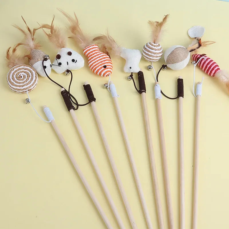 Cat Teaser Toy – Wooden Wand with Bell & Elastic Rope