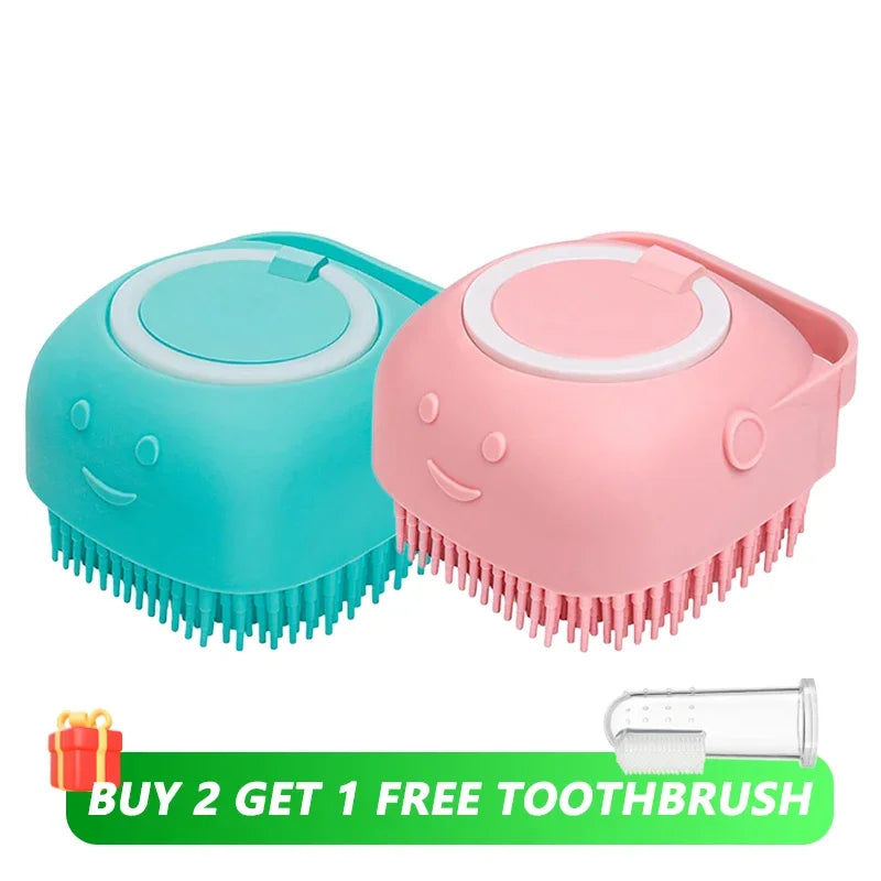 Dog Bath Brush with Shampoo Dispenser, Soft Silicone Bristles