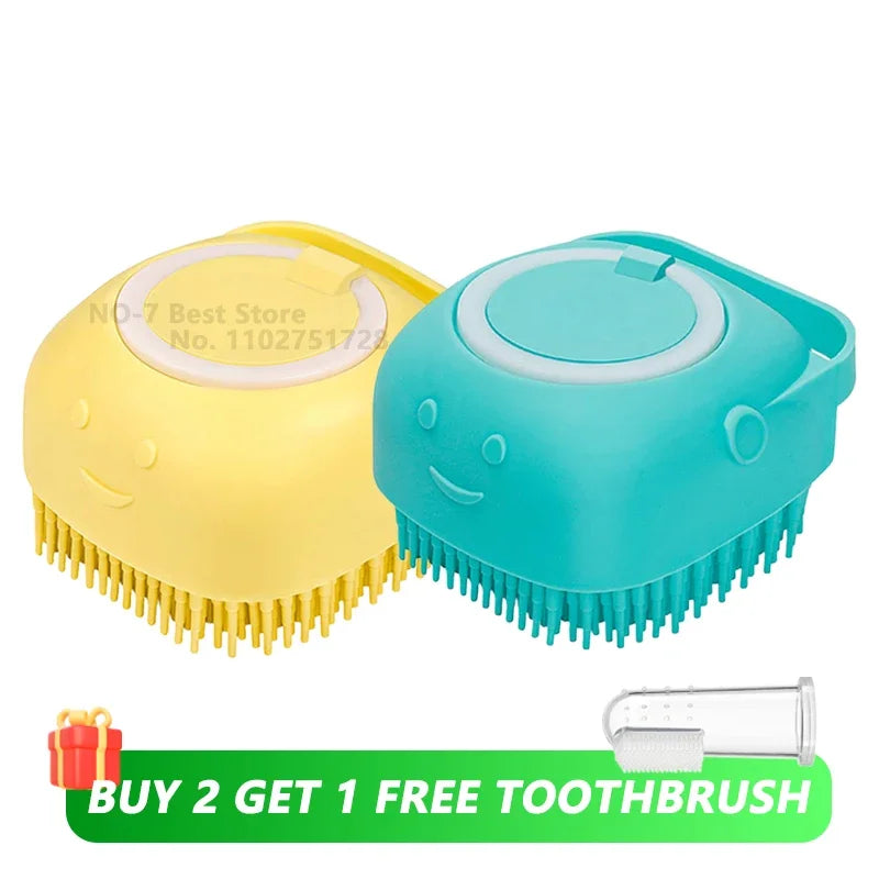Dog Bath Brush with Shampoo Dispenser, Soft Silicone Bristles