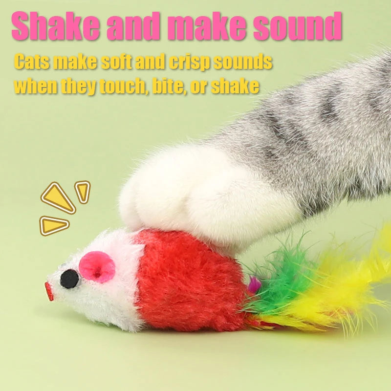 Plush Mouse Cat Toy with Sound & Colorful Feather Tail