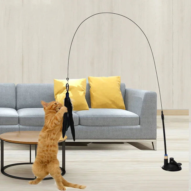 Cat Teaser Toy – Suction Cup Feather Wand with Bell