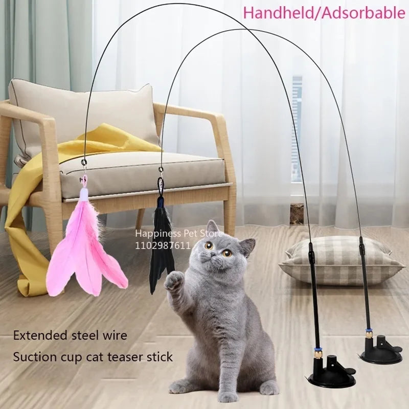 Cat Teaser Wand – Interactive Feather Toy with Bell & Suction Cup