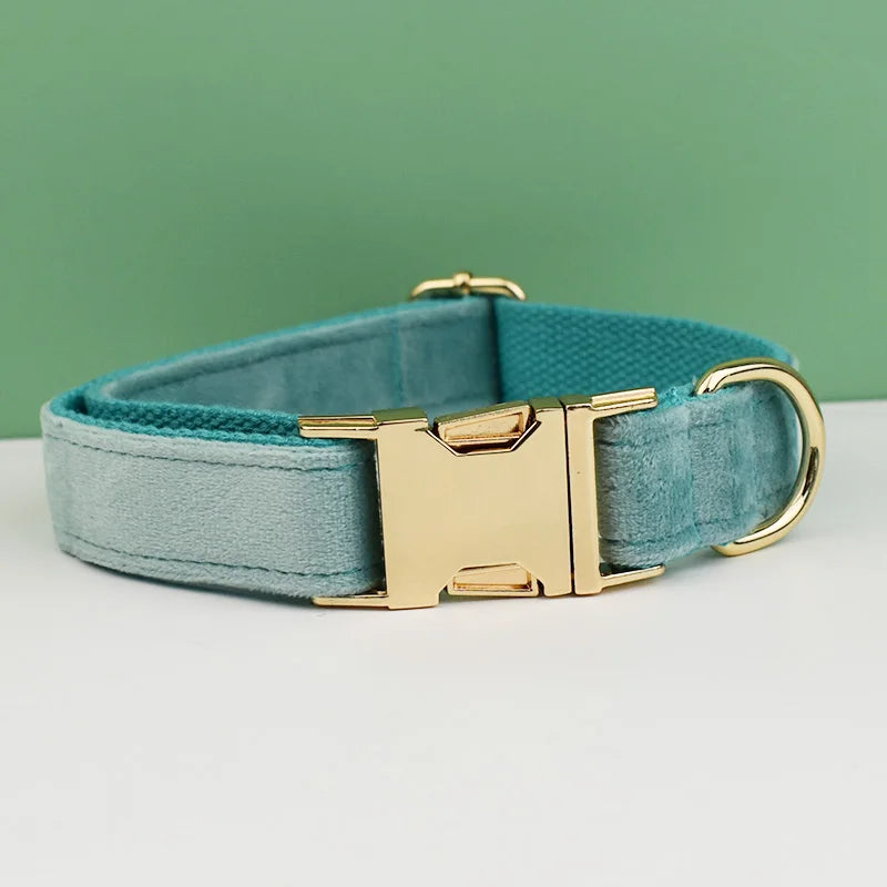 Dog Collar and Leash Set, Adjustable Velvet Collar with Gold Detail
