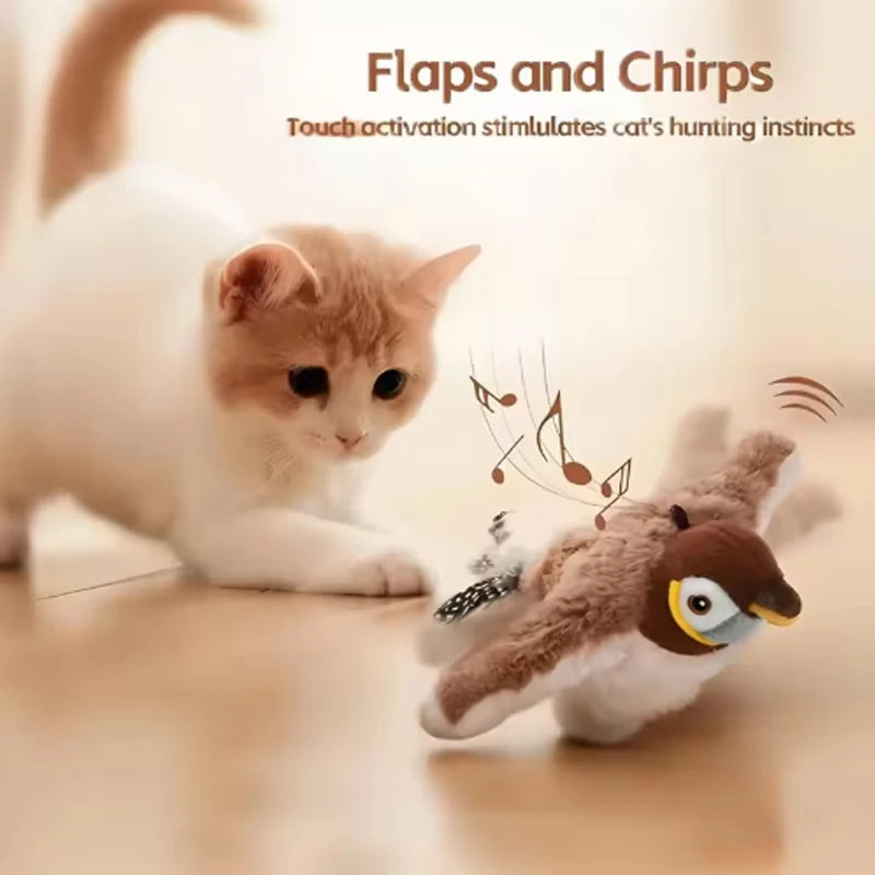 Interactive Cat Toy Flapping Bird Plush Chirping Toy Touch Activated