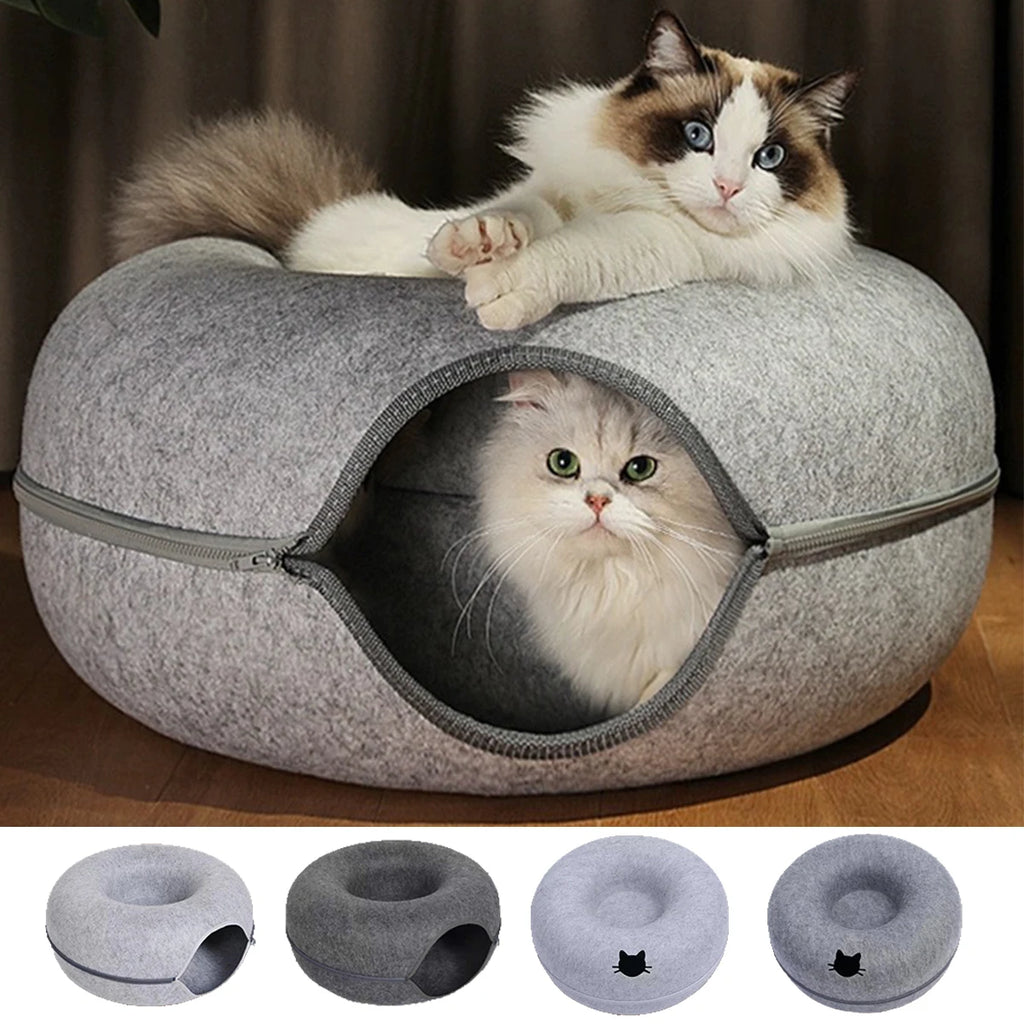Cat Tunnel Bed – Felt Donut Nest & Sleeping House