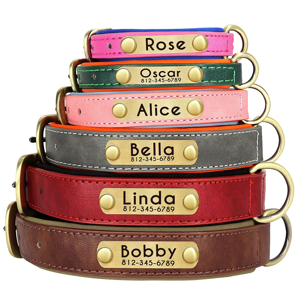 Personalized Dog Collar, Adjustable Padded PU Leather Collar