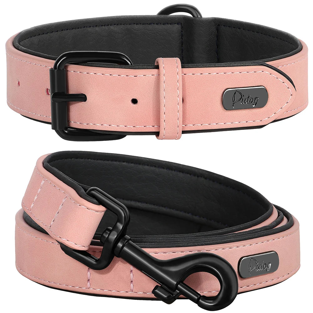 PU Leather Dog Collar and Leash Set, Adjustable Padded