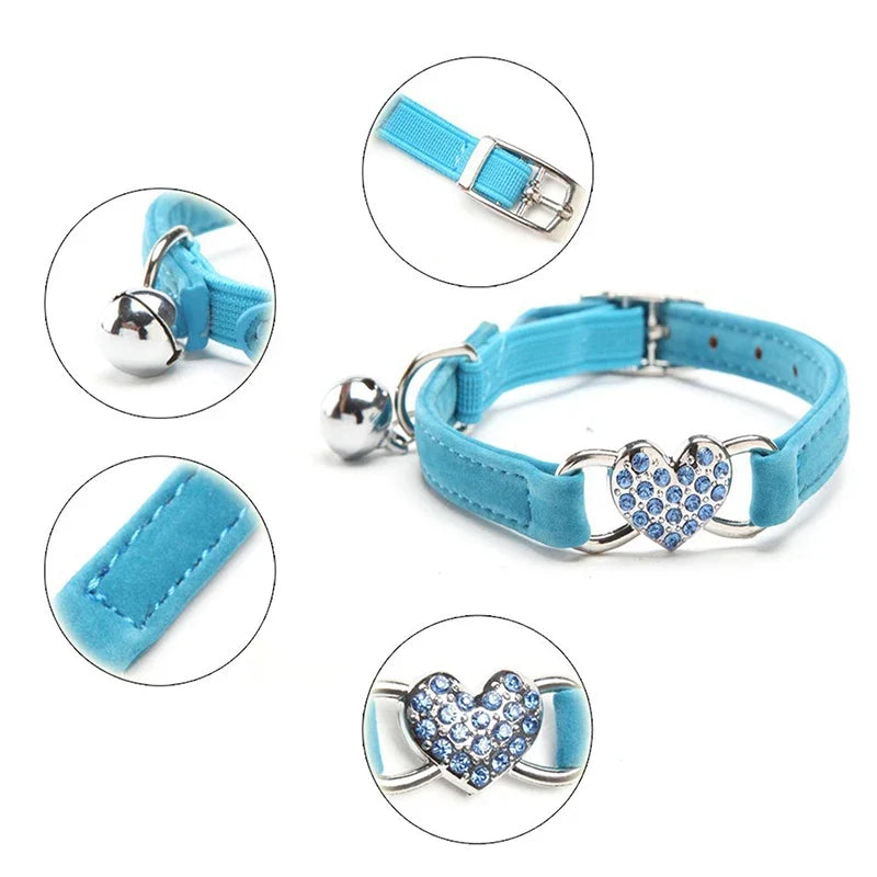 Velvet Cat Collar with Bell – Heart Charm Adjustable Elastic Collar