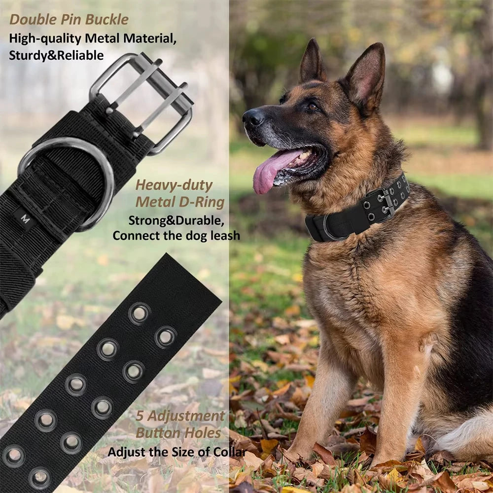 Adjustable Military Dog Collar Metal D-Ring and Buckle Working Dog Collar, Five-Level Adjustment for Medium and Large Dogs