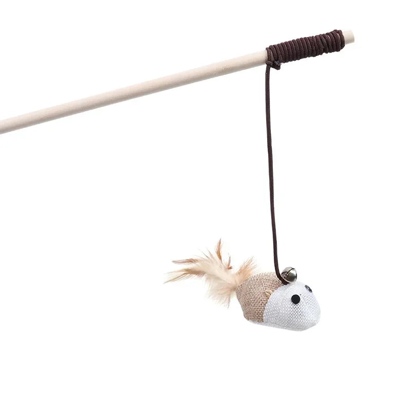 Cat Teaser Toy – Wooden Wand with Bell & Elastic Rope