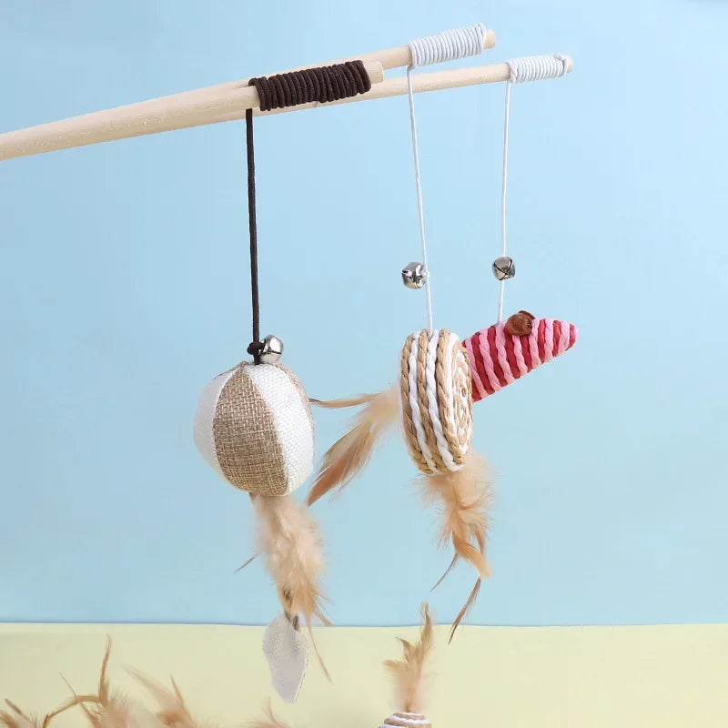 Cat Teaser Toy – Wooden Wand with Bell & Elastic Rope