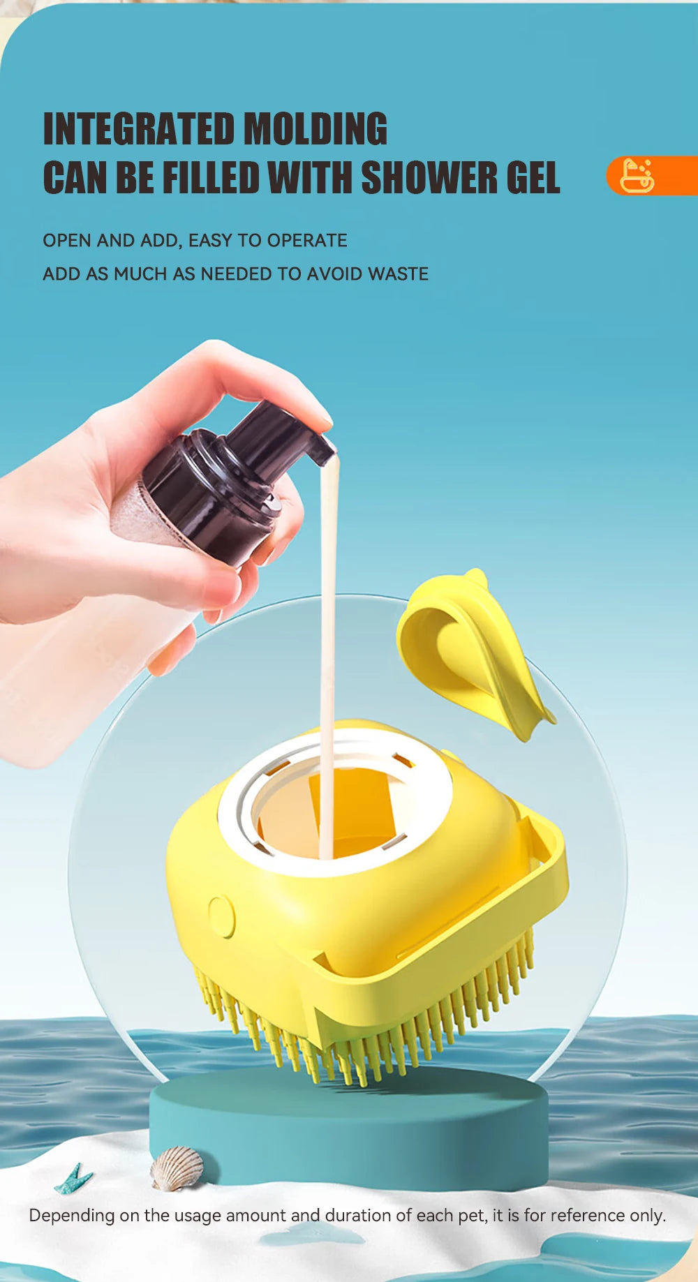Dog Bath Brush with Shampoo Dispenser, Soft Silicone Bristles