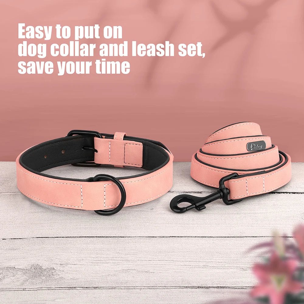PU Leather Dog Collar and Leash Set, Adjustable Padded
