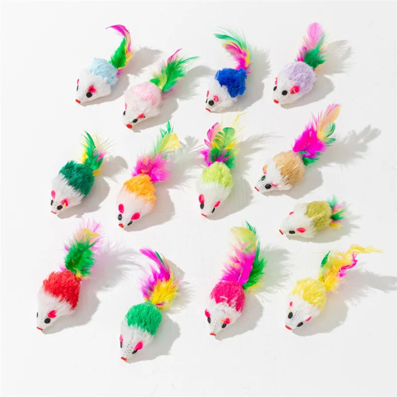 Feather Cat Mouse Toy – Rabbit Fur Rainbow Ball Kitten Toy