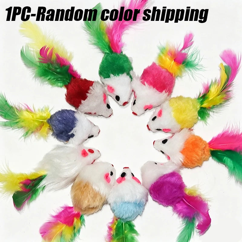 Plush Mouse Cat Toy with Sound & Colorful Feather Tail
