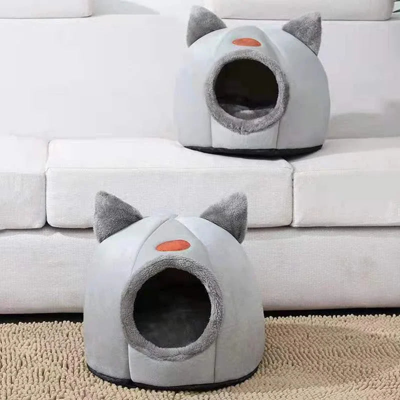 Winter Cat Bed – Cozy Indoor Cave House with Removable Cushion