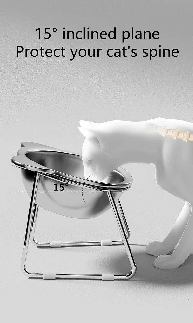 Tilted Cat Bowl – Stainless Steel Food Dish with Metal Stand