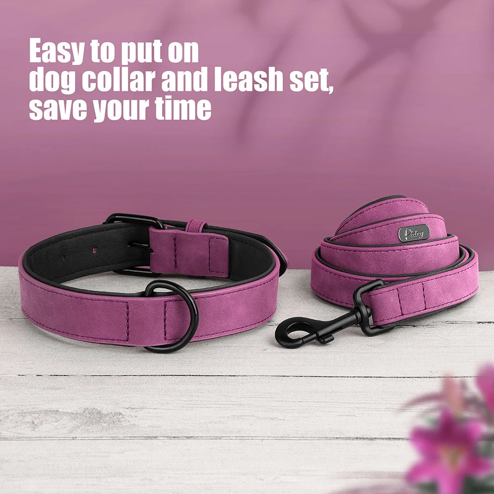 PU Leather Dog Collar and Leash Set, Adjustable Padded