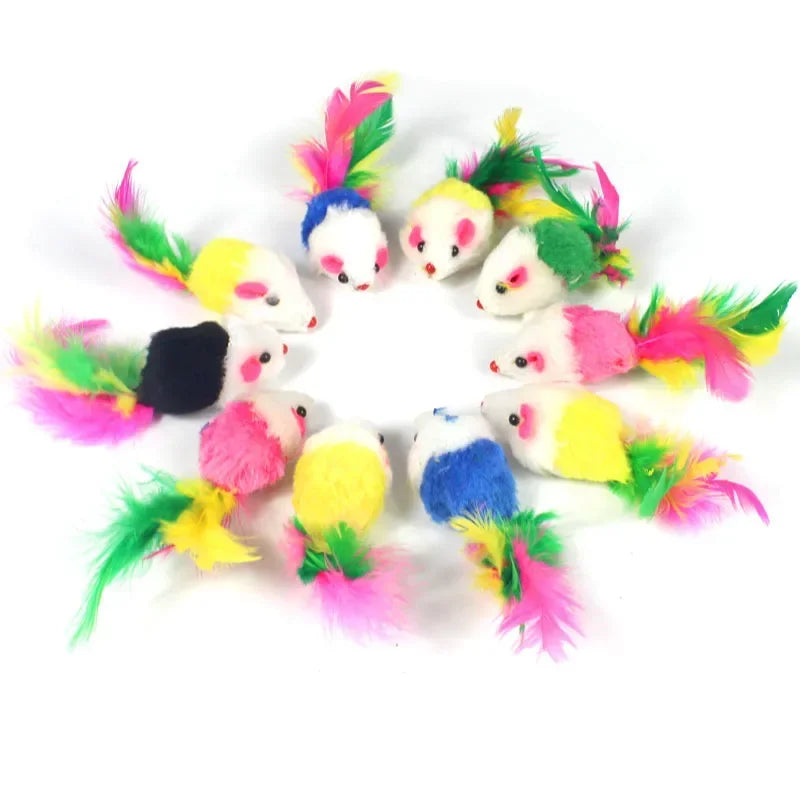 Feather Cat Mouse Toy – Rabbit Fur Rainbow Ball Kitten Toy