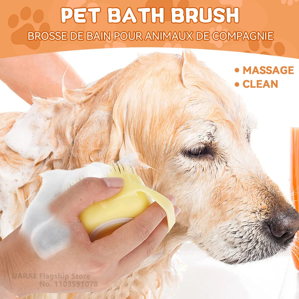 Dog Bath Brush with Shampoo Dispenser, Soft Silicone Bristles
