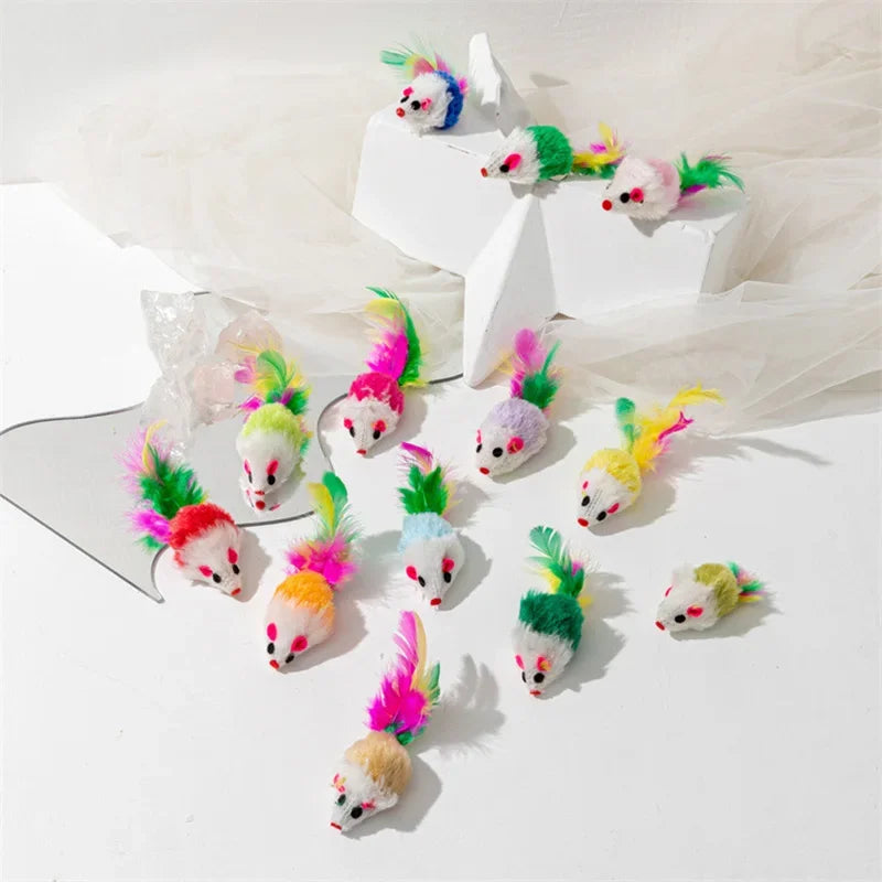 Feather Cat Mouse Toy – Rabbit Fur Rainbow Ball Kitten Toy