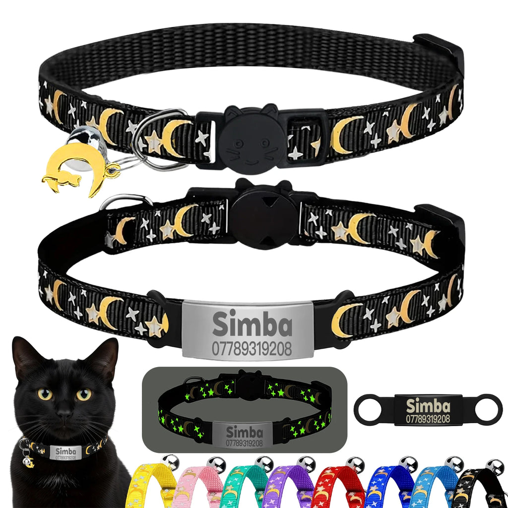 Personalized Cat Collar with Engraved ID Tag, Bell & Glow Design
