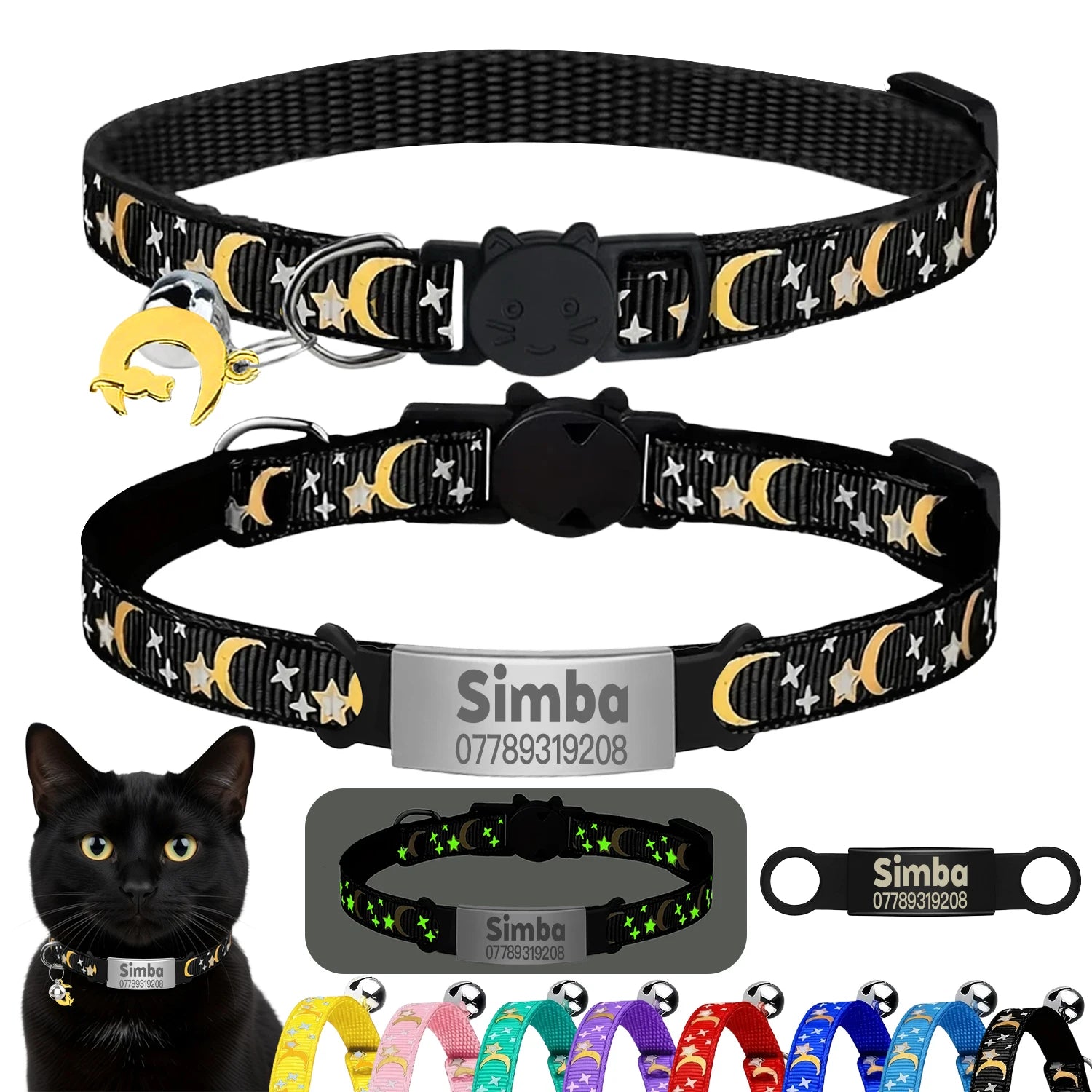 Personalized Cat Collar with Engraved ID Tag, Bell & Glow Design