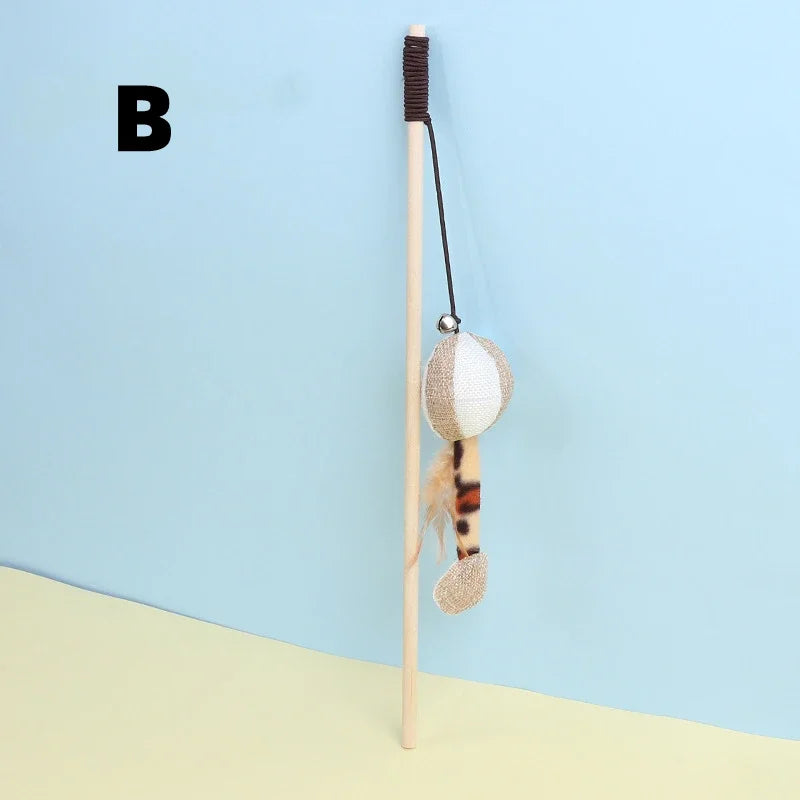 Cat Teaser Toy – Wooden Wand with Bell & Elastic Rope