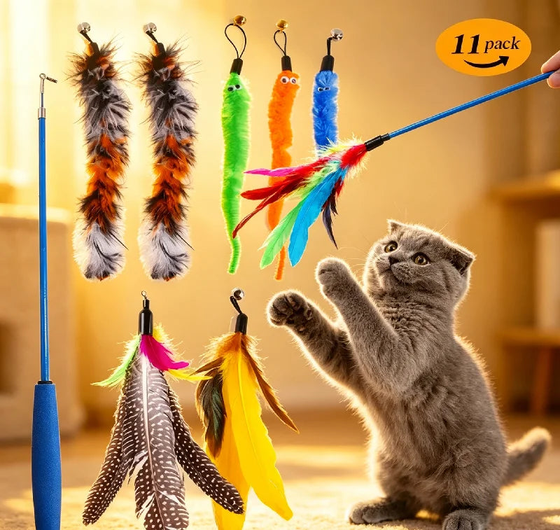 Cat Feather Wand Toy – 11 Piece Retractable Teaser Set