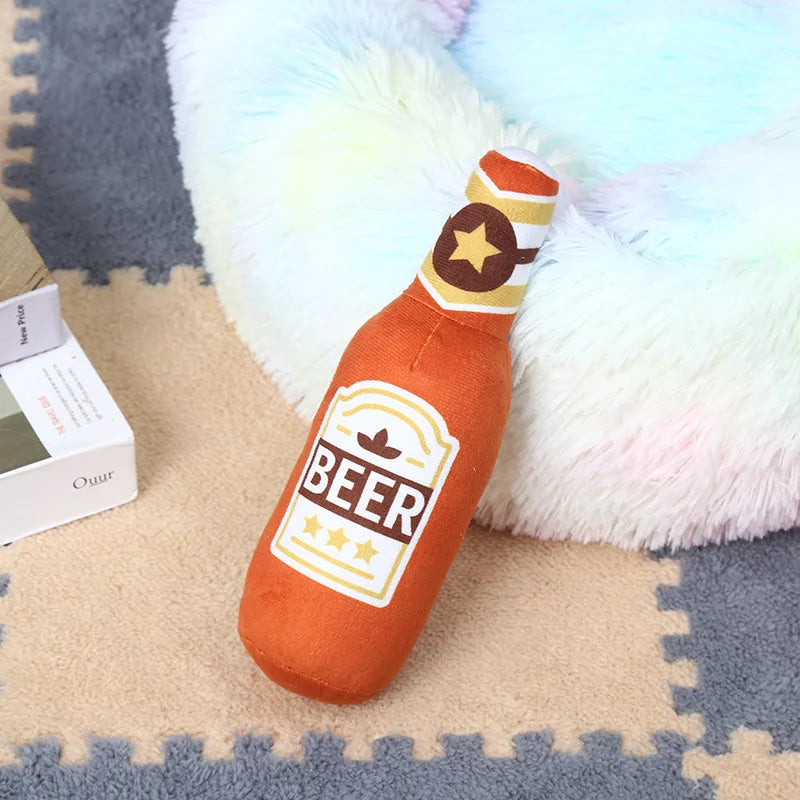 Plush Squeaky Dog Toy – Bottle-Shaped Interactive Chew Toy