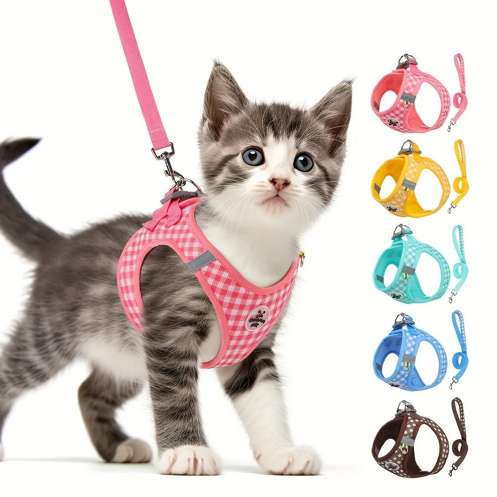 Reflective Cat Harness with Leash – Plaid Breathable Walking Kit