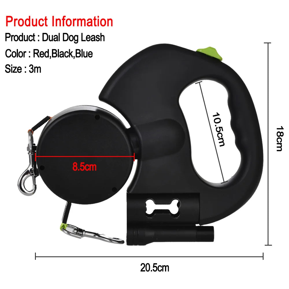 Retractable Dog Leash – 3m Reflective Double Lead with Lights