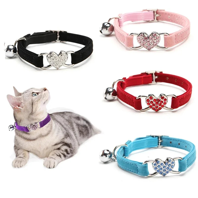 Velvet Cat Collar with Bell – Heart Charm Adjustable Elastic Collar