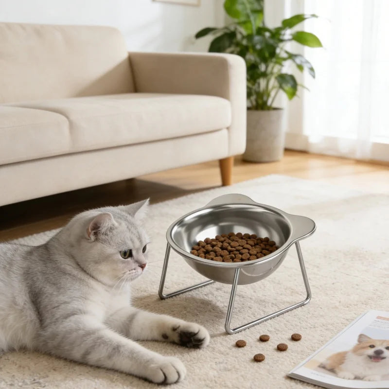 Tilted Cat Bowl – Stainless Steel Food Dish with Metal Stand