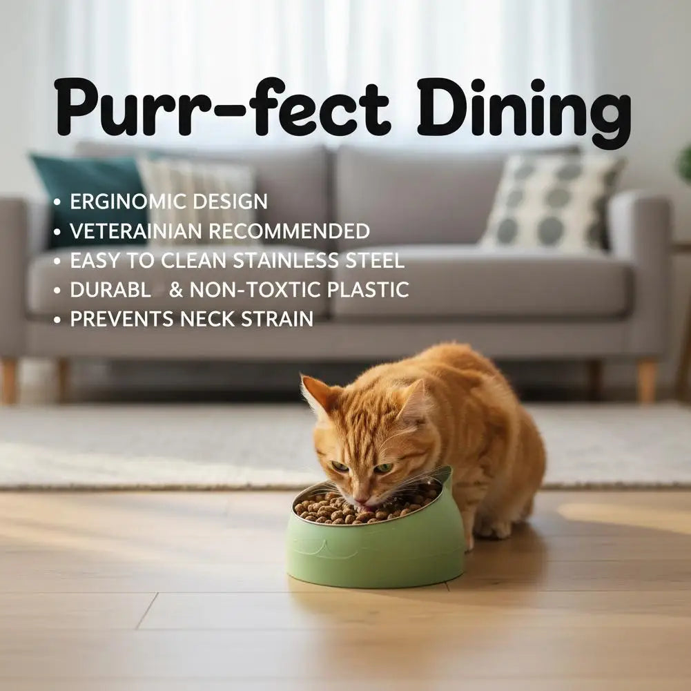 Eco-Friendly1PC Stainless Steel Cat Bowl, 15° Inclined Pet Food Dish with Non-Slip Base, Anti-Choke Feeder for Cats/Kittens/Dogs
