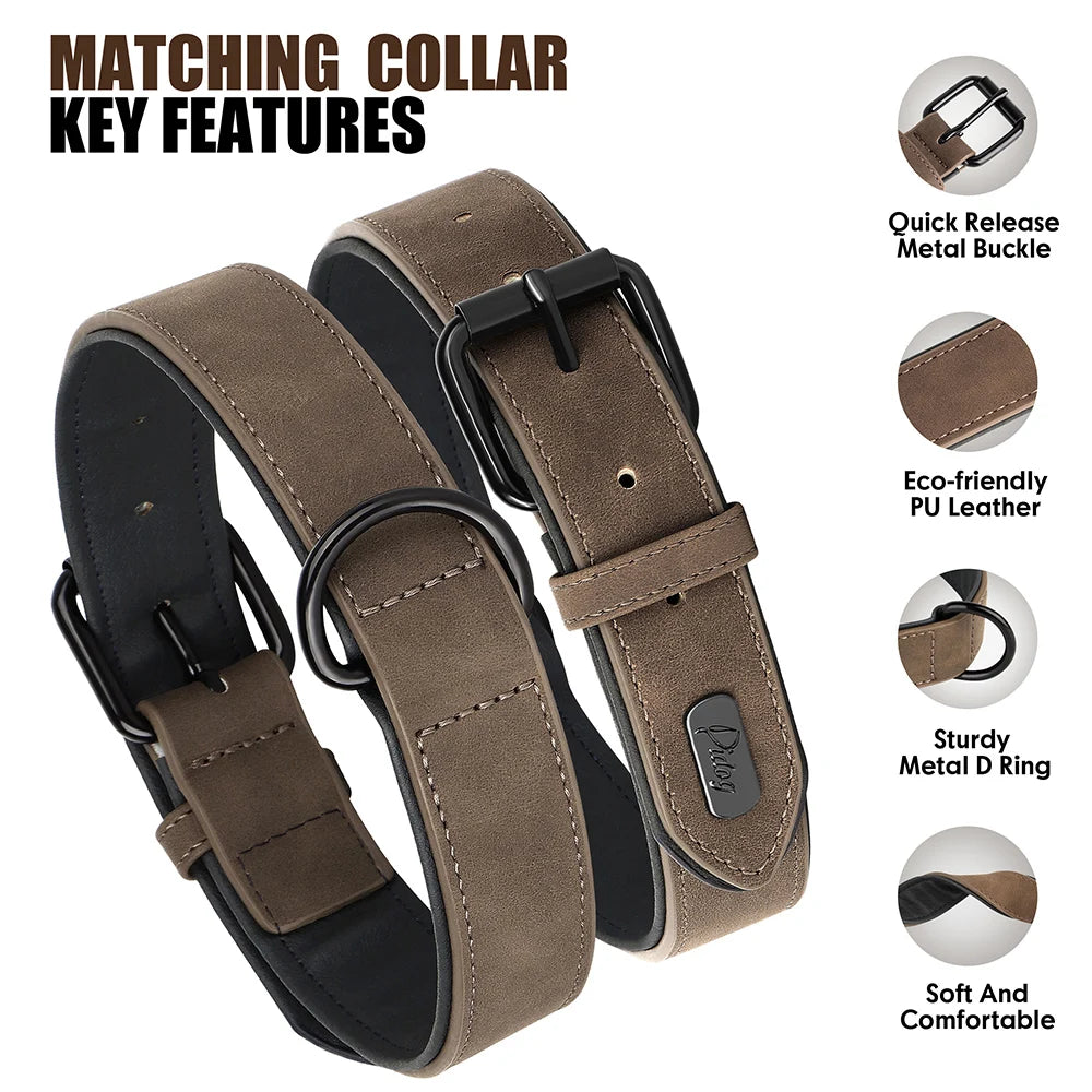PU Leather Dog Collar and Leash Set, Adjustable Padded