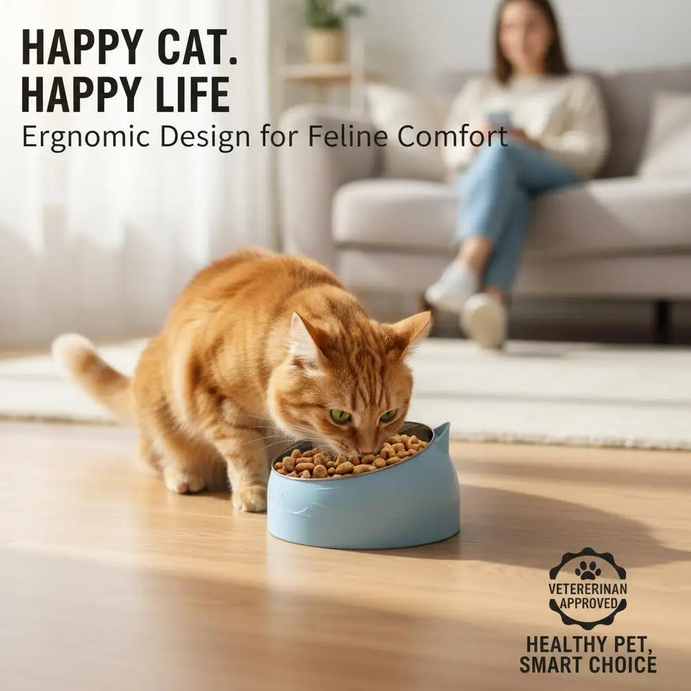 Eco-Friendly1PC Stainless Steel Cat Bowl, 15° Inclined Pet Food Dish with Non-Slip Base, Anti-Choke Feeder for Cats/Kittens/Dogs