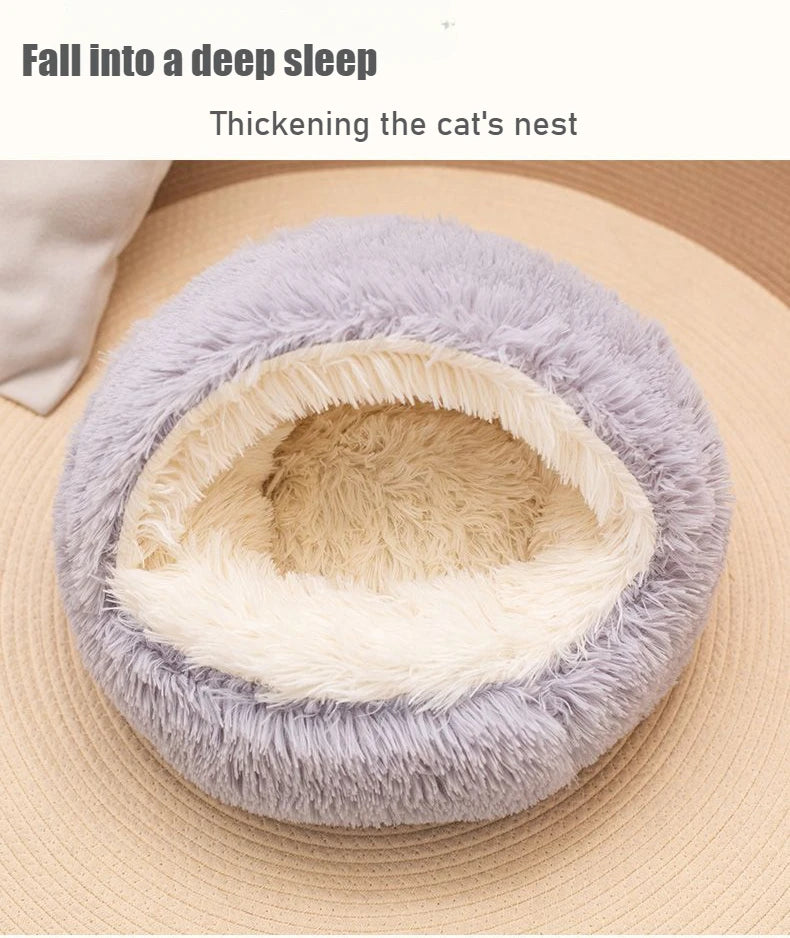 Covered Cat Bed – 2-in-1 Plush Cave Bed for Cats & Small Dogs