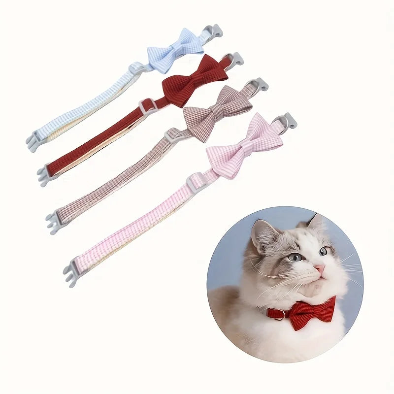 Plaid Cat Collar with Tie Bow, Adjustable Nylon Pet Accessory