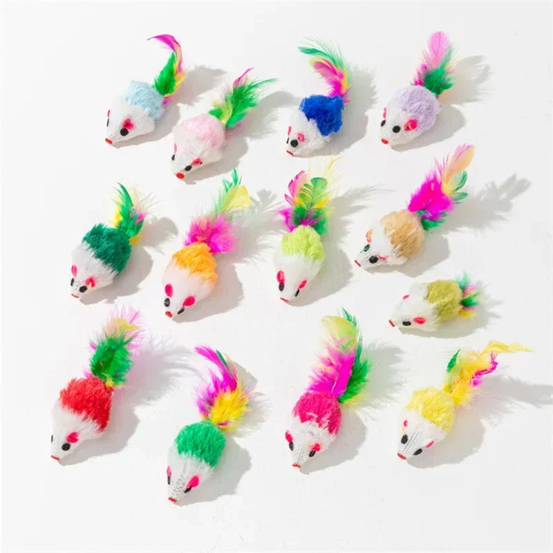 Feather Cat Mouse Toy – Rabbit Fur Rainbow Ball Kitten Toy