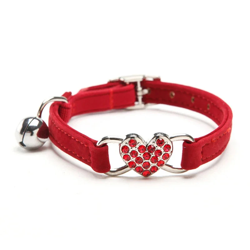 Velvet Cat Collar with Bell – Heart Charm Adjustable Elastic Collar