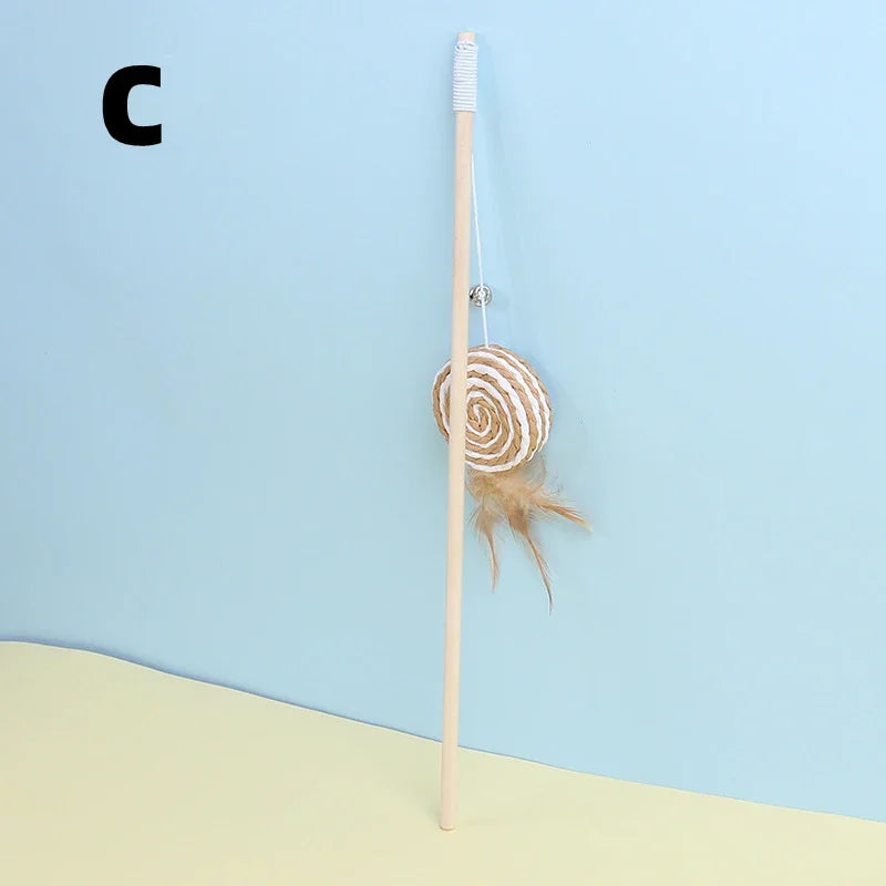 Cat Teaser Toy – Wooden Wand with Bell & Elastic Rope