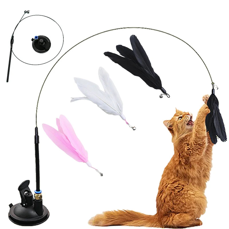 Interactive Cat Toy – Feather Teaser Wand with Suction Cup