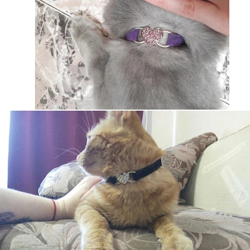 Velvet Cat Collar with Bell – Heart Charm Adjustable Elastic Collar